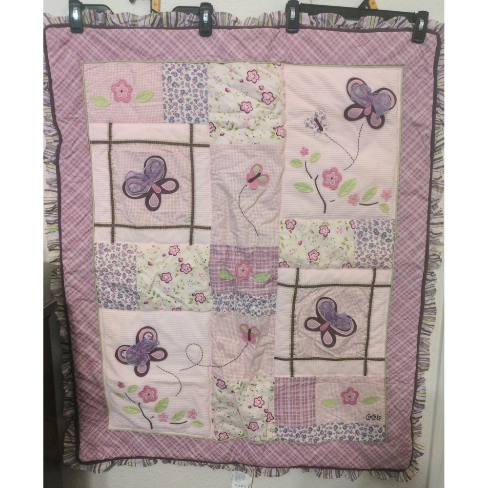 Cocalo Ouilted Baby Girl Crib Butterfly Pink & Purple Baby Blanket 35" X 42"